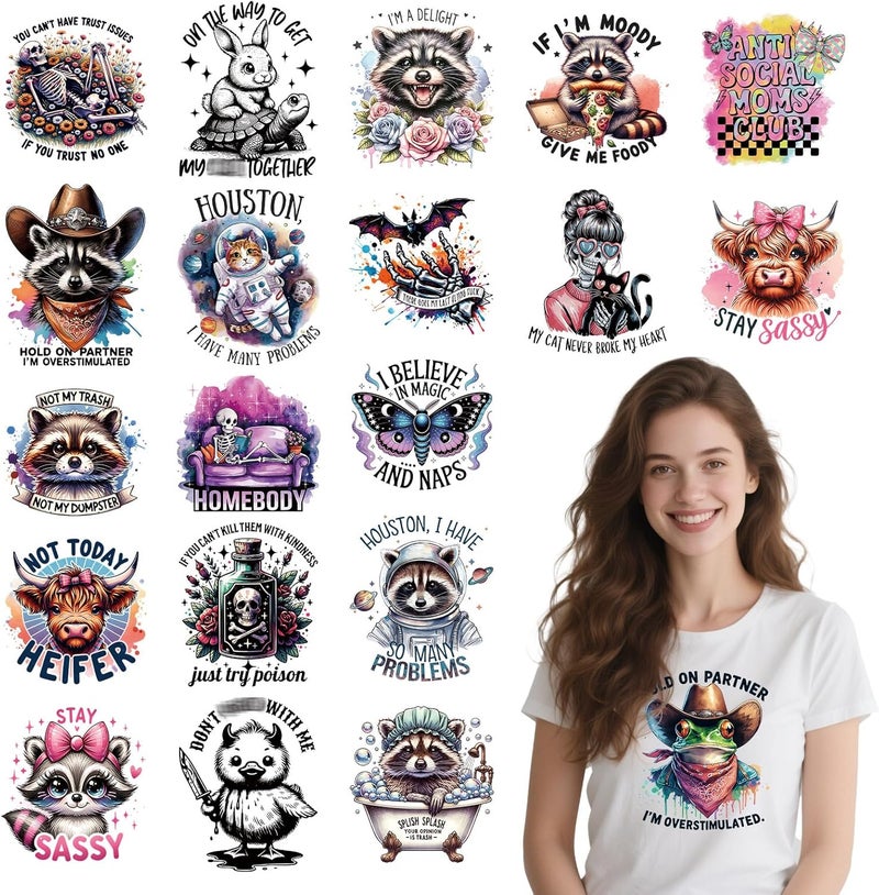 Shejdgart Dtf Transfers Ready to Press - 20 Pcs Funny Animal Iron on Patches for T-Shirts, Sarcastic Raccoon Skeleton Cat Cow Heat Transfer Designs Vinyl Stickers, Iron on Decals for DIY Clothes Bags - Image 1